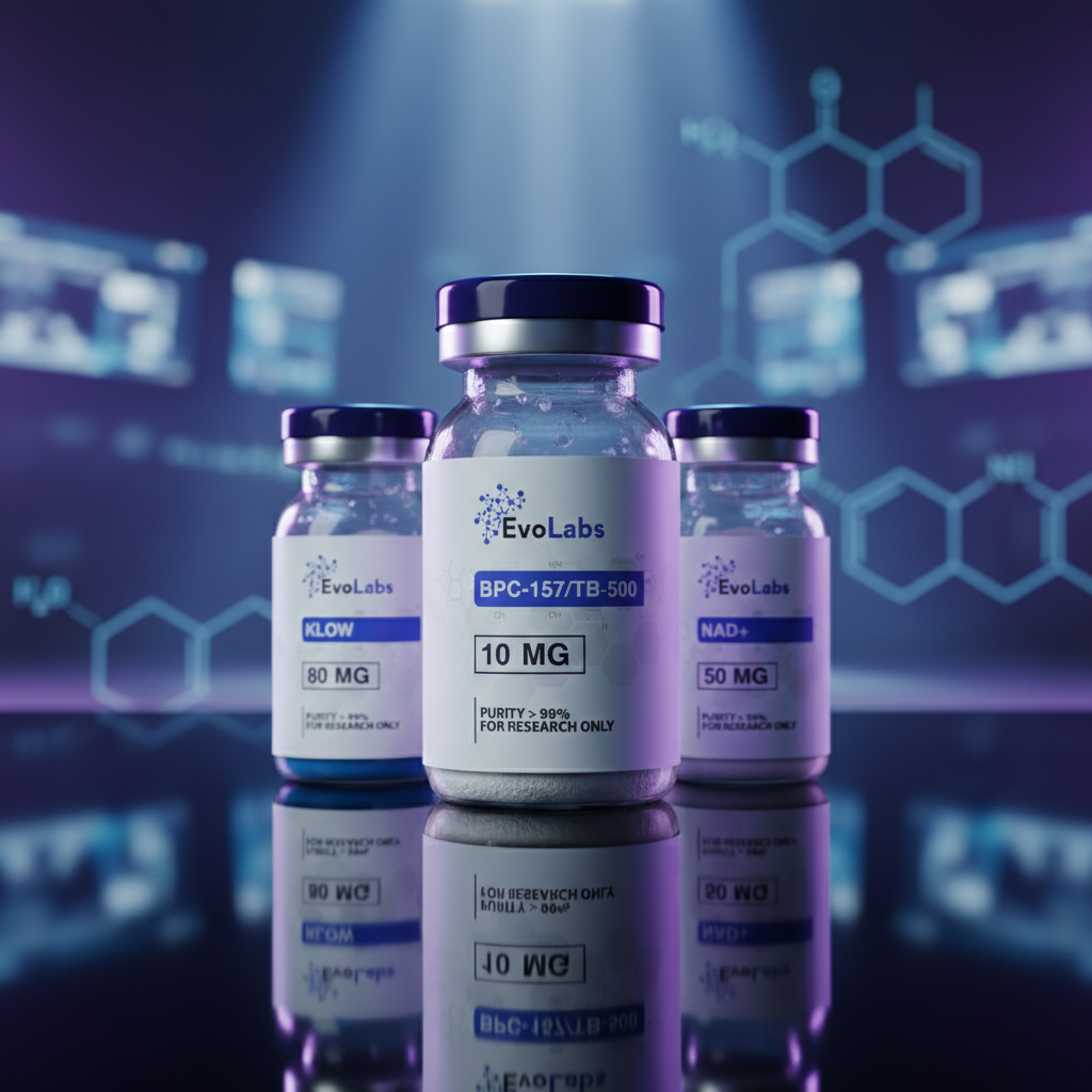 EvoLabs research peptide vials — KLOW, BPC-157/TB-500, NAD+ — 99%+ purity for research